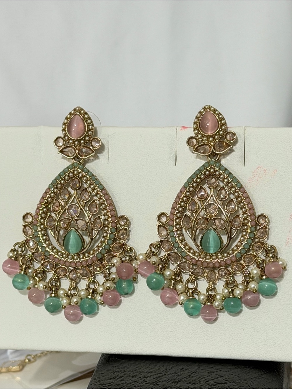 Elegant Pastel Green and Pink Chandbali Earrings by with Monalisa stone - Picture 4 of 6